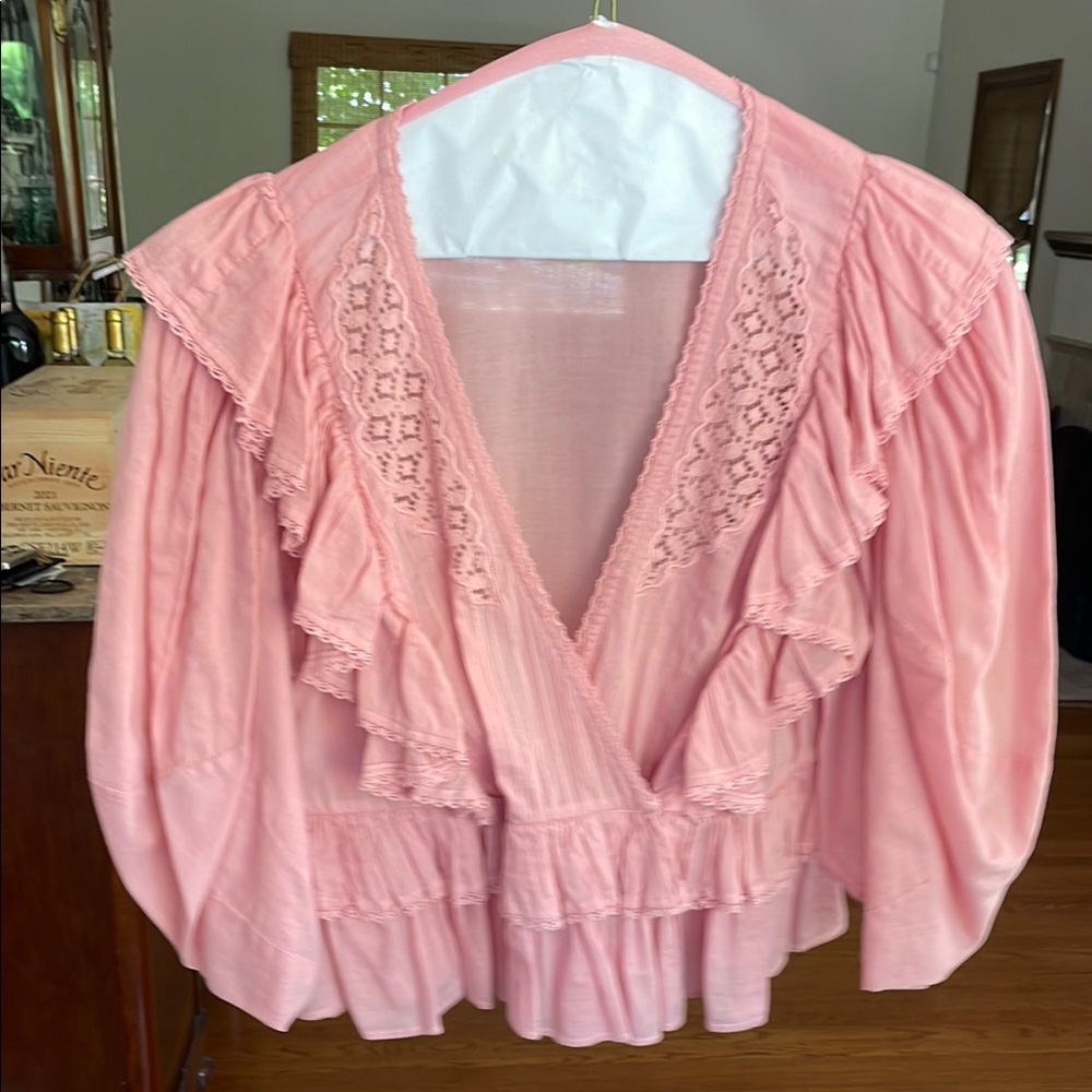 FARM Rio Pink Ruffled Peplum Blouse with 3/4 Sleeves